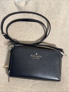 kate spade Black Leather Crossbody Wallet with Gold Logo